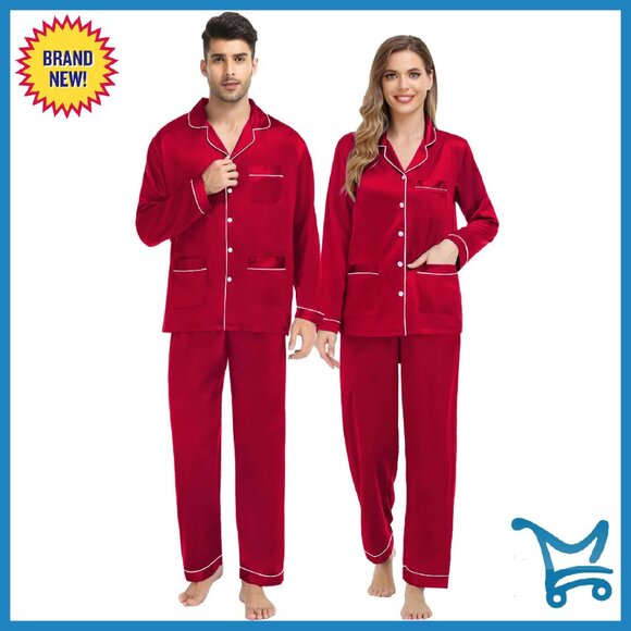 Satin Couples Pajama Set Long Sleeve Button Down Sleepwear with Pockets